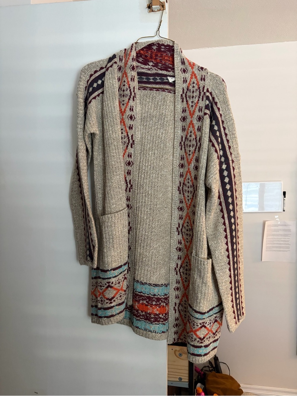 Lucky Brand Cream Aztec Open-Front Cardigan with Rust Teal and Burgundy Accents